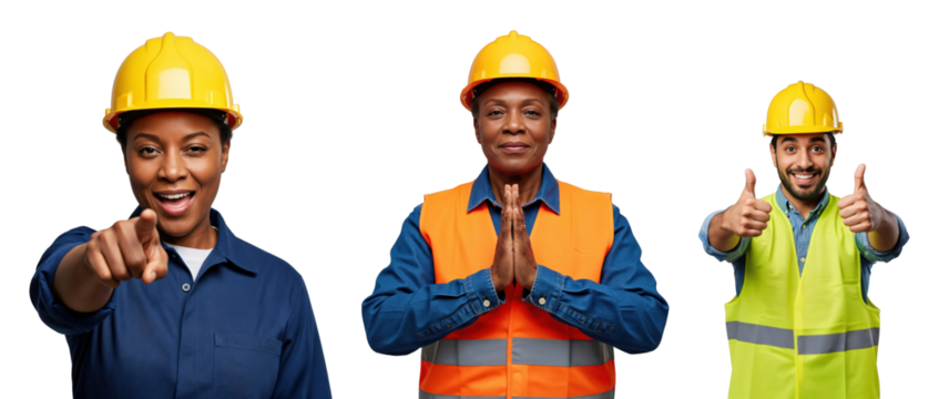 Smiling diverse construction team: young Black woman pointing, senior Black woman, and young Middle Eastern man giving thumbs up, all in hard hats and safety gear. - Powered by Adobe