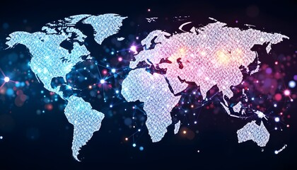 White Global Communication Banner Featuring Colorful Connected Network Nodes Forming a Modern, Dynamic Worldwide Digital Connectivity Design