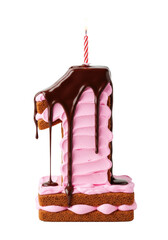 a meticulously detailed number "1" cake with pastel pink buttercream and glossy dark chocolate drips, lit candy-striped candle, on a transparent background. Concept of first birthday celebration
