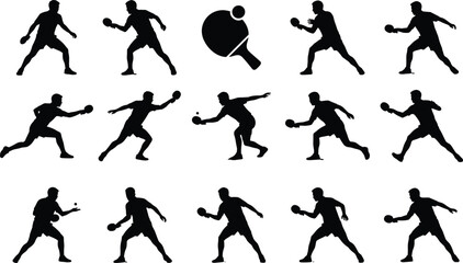 Vector Collection of Black Ping Pong Player Silhouettes in Various Dynamic Serving and Hitting Poses, Plus a Table Tennis Racket Icon