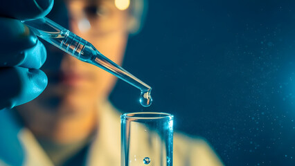 Precise scientist carefully dispenses liquid drop into laboratory test tube under dramatic blue light