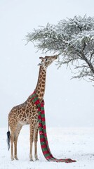 Giraffe in Winter Scarf Eating Leaves - A giraffe with a red and green scarf standing in the snow, eating leaves from a tree. Festive and whimsical scene