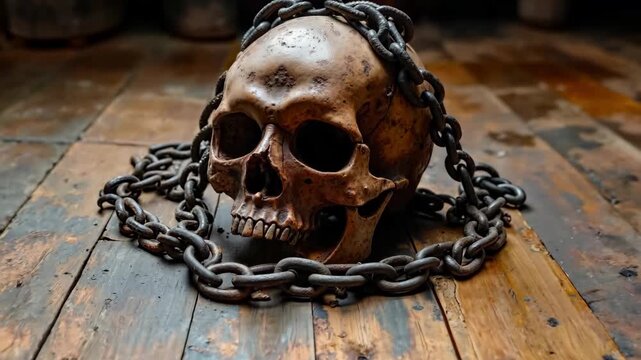 A skull with a chain around it on a wooden table