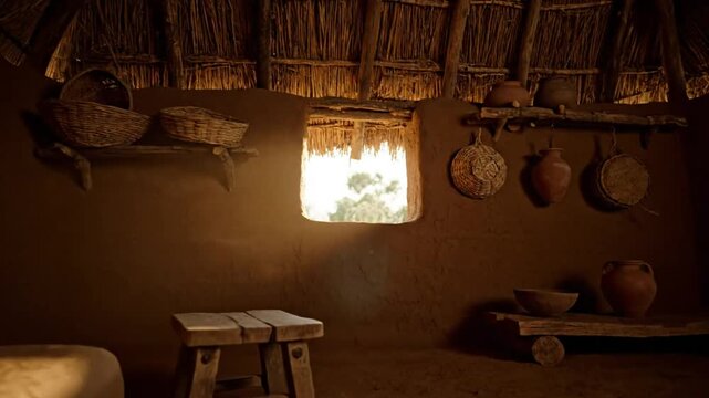 Ancient dwelling interior with an earthen oven, natural light from a small window, and rustic artifacts.