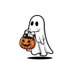cute white sheet ghost floating gently, holding a vibrant orange trick-or-treat pumpkin basket, isolated on a transparent background, retro comic vector illustration, concept for halloween celebration