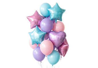 A cluster of high-gloss reflective mylar spheres, stars, and hearts in soft pastel pink, lavender, and blue, floating on a transparent studio background. Elegant birthday celebration atmosphere