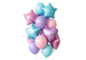 A cluster of high-gloss reflective mylar spheres, stars, and hearts in soft pastel pink, lavender, and blue, floating on a transparent studio background. Elegant birthday celebration atmosphere