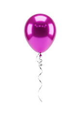 a single, perfectly spherical, vibrant magenta pink balloon with a glossy pvc surface and iridescent silver ribbon, isolated on a transparent background. concept of celebratory elegance