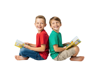 two cheerful caucasian boys (8-10), barefoot, sitting back-to-back holding storybooks and smiling brightly on a high-key white studio floor, concept of childhood friendship and learning