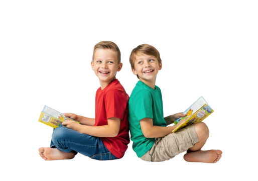two cheerful caucasian boys (8-10), barefoot, sitting back-to-back holding storybooks and smiling brightly on a high-key white studio floor, concept of childhood friendship and learning - Powered by Adobe
