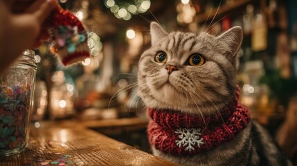 Cozy Christmas craft-beer bar with British Shorthair cat wearing red knitted scarf reaching for colorful confetti, human hand holding tiny festive hat, warm intimate scene.