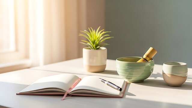 Minimalist home office desk with open notebook, pen, small potted plant, green matcha bowl, and ceramic cup, bathed in soft morning sunlight for a peaceful atmosphere