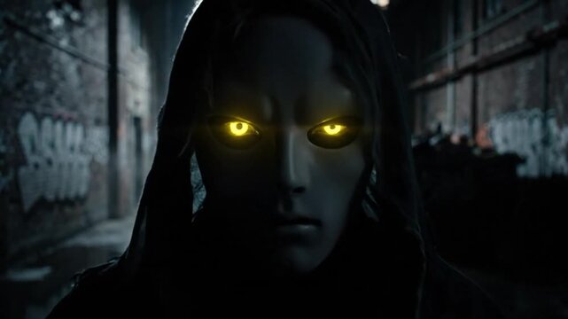 Mysterious figure in a hooded cloak with glowing yellow eyes in a dark alleyway, looking intimidating