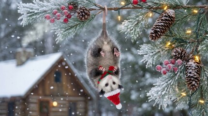 Opossum Christmas Decoration 2025 November - A festive opossum hangs upside down from a branch wearing a Christmas hat. Symbolizing resilience, adaptability, joy, wonder, and the holiday spirit