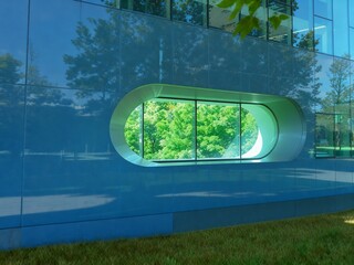 緑の自然の中に建つモダンなデザインの建築