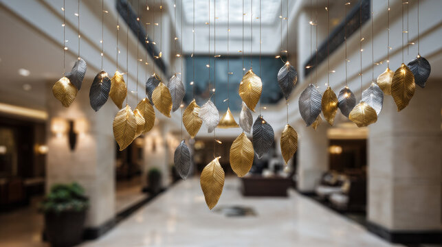 Golden metallic leaf garland with warm fairy lights hanging in a luxurious interior hallway, creating an elegant festive atmosphere with soft bokeh and refined holiday decor - Powered by Adobe
