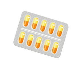 Blister with yellow pills isolated on white background. Medicinal capsules icon. Vector flat cartoon illustration. 