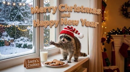 Raccoon Celebrating Christmas and New Year - A cute raccoon in a Santa hat stands on a windowsill next to milk and cookies, with a snowy Christmas scene visible outside