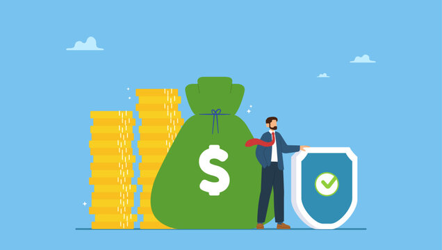 Businessman expert with strong shield to protect money coins stack. Wealth protection, investment asset allocation portfolio in volatility market or saving guard in financial and economic crisis.