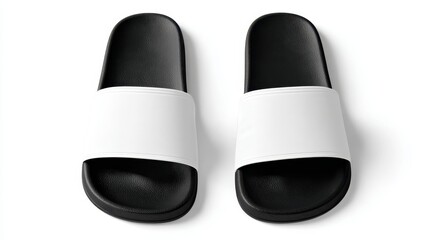 Pair of minimalist black slide sandals with blank white straps for custom logo or design placement, top view studio mockup on bright background for fashion and e commerce