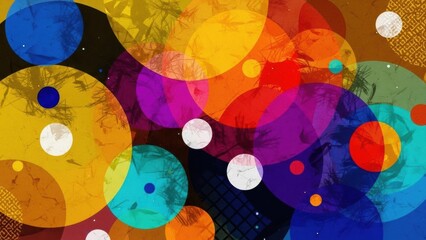 Vibrant abstract background with overlapping colorful circles and grunge textures, modern geometric design