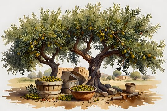 Artistic composition of olives leaves, and a traditional olive press