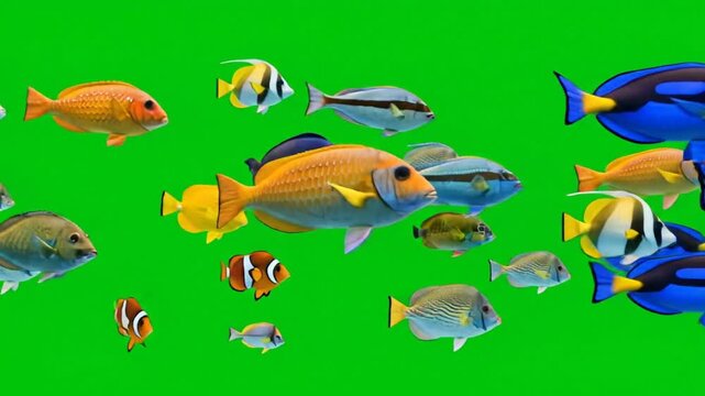 School of Colorful Tropical Fish Swimming Across Bright Green Background for Aquatic or Marine Life Concepts