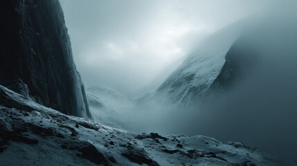 Icy cliffside and frozen waterfall surrounded by snow and fog in remote mountain gorge creating mysterious cold winter wilderness scene