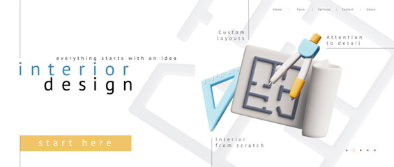 3D interior design website page with a blueprint, ruler, and compass.