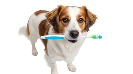 Fototapeta premium Cute dog holding a toothbrush in its mouth, ready for dental hygiene on a white background.