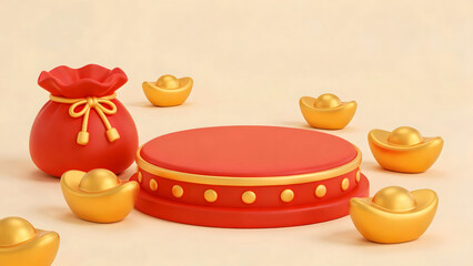 Playful festive stage with lucky bag and ingots