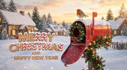 Snowy Village with Christmas Mailbox - A festive scene showing a decorated mailbox in a snowy village, symbolizing holiday greetings, winter cheer, seasonal tradition, rural charm, and joyous