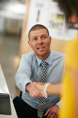 Smile, meeting and business people with handshake in interview for recruitment, deal or welcome....