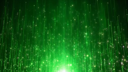 Vibrant green light particles and beams rising from a bright source, creating a futuristic and energetic digital abstract background. - Powered by Adobe