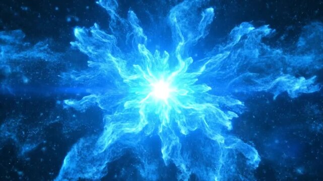 Abstract bright blue explosion with energy flare and dynamic particle effect in deep space background