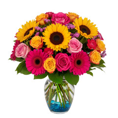 Fototapeta premium Vibrant Bouquet of Sunflowers, Roses & Gerberas in Glass Vase Against White Background — Bold Yellow, Pink, Magenta Blooms with Blue Beads — Radiates Joy, Optimism, and Celebration Perfect for Birthda
