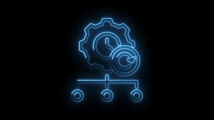 Neon blueprint style visualization of time process management system with gear and arrows - Powered by Adobe