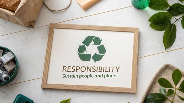 Recycle symbol in wooden frame representing environmental responsibility - Powered by Adobe