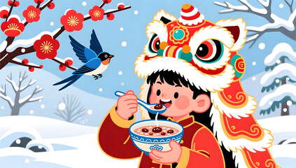 A festive lion-dance youth enjoying warm Laba porridge