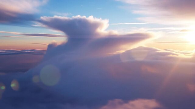 Epic cloudscape at sunset with fluffy cumulus clouds and a bright sun, a cinematic view above the atmosphere