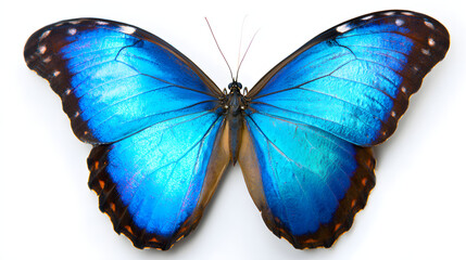 Obraz premium morpho. A Blue Morpho butterfly with vibrant iridescent wings, isolated for a striking natural detail. gardening catalogs, home-decor guides, designed for home decor and floral branding.