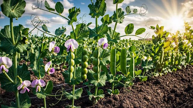 Close-up of Pea Plants Growing in a Field at Sunset.