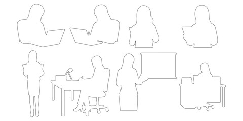 Obraz premium CAD Drawings. Multiple poses of professional women outline working in an office isolated on white background. Vector illustration.