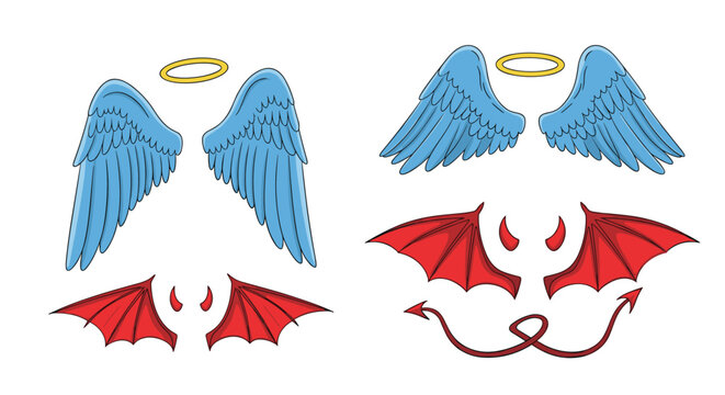 Collection of angel and devil wings with halos and horns, isolated on white.
