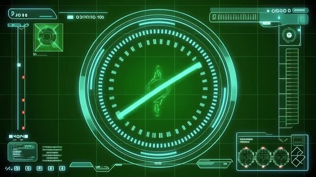 Futuristic green digital display with a central circular radar-like interface and various technical readouts.