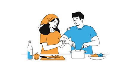 Couple cooking together in a kitchen, preparing a meal with fresh ingredients.
