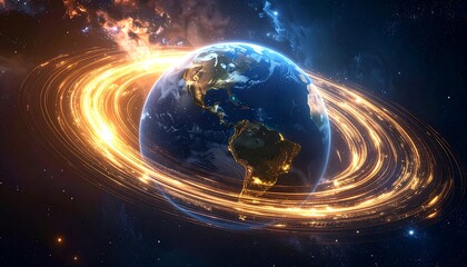 Digital rendering of planet Earth with bright, golden energy rings surrounding it against a backdrop of the starry cosmos