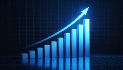 Bar chart with rising bars and upward arrow on dark grid background.