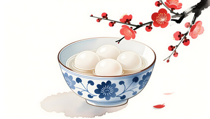 Elegant seasonal tangyuan with blue porcelain and plum blossoms