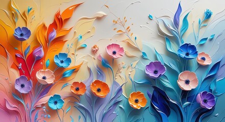 Abstract floral art: colorful blue, purple, pink, orange flowers with thick, glossy strokes. Warm/cool gradient background. Luminous, detailed. Wallart.